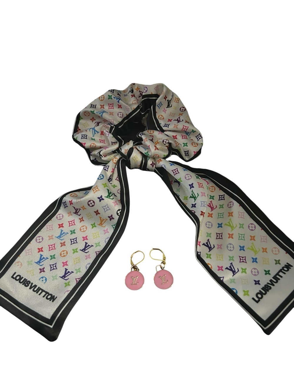 Multicolor Monogram Silk Bow Scrunchie with Pink LV Charm Earrings - Picture 3 of 7